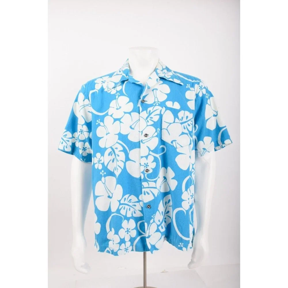 Hukilau Fashion Mens Hawaiian Shirt XL Blue Floral Barkcloth Tropical